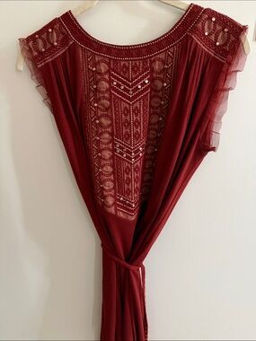 Anthropologie Feather and Bone Embellished Tie Ruffle Tunic Tank Top
